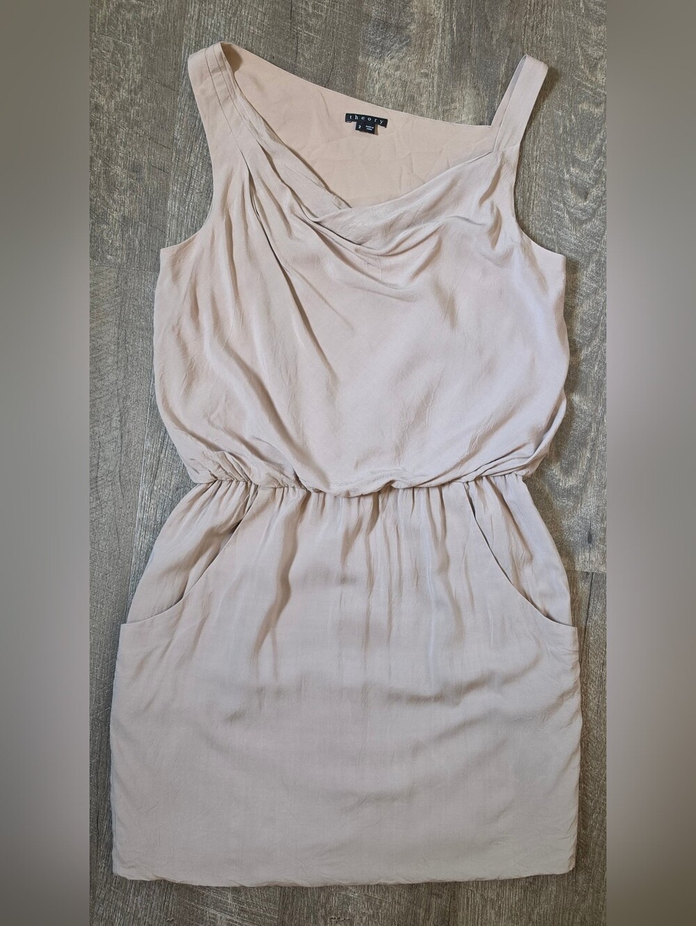 Theory Jaylyn Sleeveless Drape Neck Midi Dress Womens M Taupe Pockets Minimalist - Picture 6 of 11